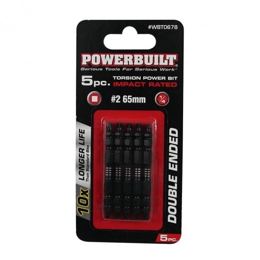 1/4" Torsion Impact Power Bit - 5pc Robertson #2 x 65mm Long Double Ended